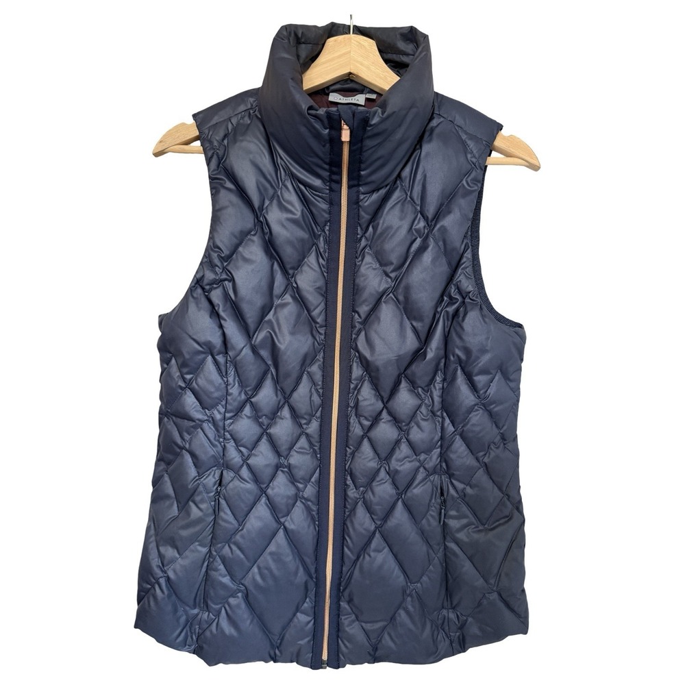 Athleta Quilted Vest Women's Small Navy Blue Full Zip Preppy Goose Down Puffer